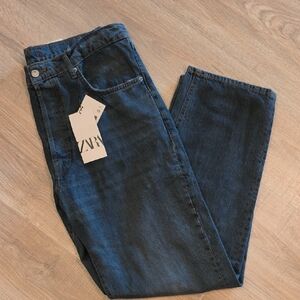 Zara Women’s Distressed Dark Blue Wide-Leg Jeans